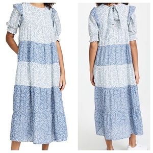 Blue + White Floral Tiered Midi Dress